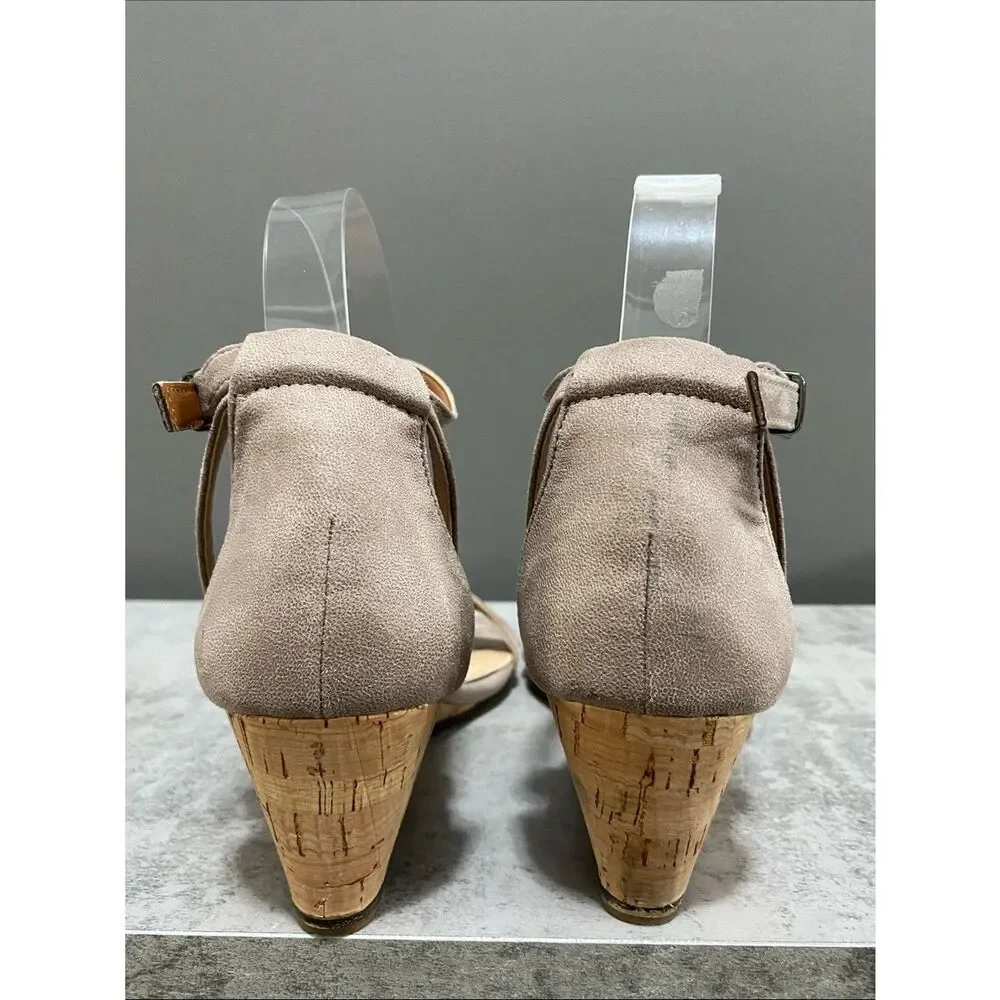 Mi.iM Women's Leather Taupe Wedge Sandals with Ankle Strap Size 6